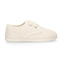 Kids Linen canvas oxford shoes for ceremony with ties closure in ivory color.