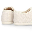 Kids Linen canvas oxford shoes for ceremony with ties closure in ivory color.