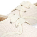 Kids Linen canvas oxford shoes for ceremony with ties closure in ivory color.