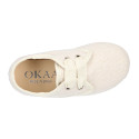 Kids Linen canvas oxford shoes for ceremony with ties closure in ivory color.