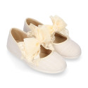 Linen Girl Mary Jane shoes with hook and loop strap closure with bow with lace design.