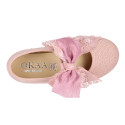 Linen Girl Mary Jane shoes with hook and loop strap closure with bow with lace design.