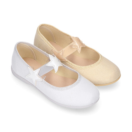 Shiny canvas Ballet flat shoes with elastic band with stars design.