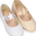 Shiny canvas Ballet flat shoes with elastic band with stars design.