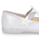 Shiny canvas Ballet flat shoes with elastic band with stars design.