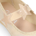 Shiny canvas Ballet flat shoes with elastic band with stars design.