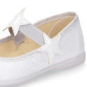 Shiny canvas Ballet flat shoes with elastic band with stars design.