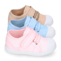 Cotton Canvas kids Sneaker shoes with toe cap and elastic laces in pastel colors.