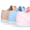 Cotton Canvas kids Sneaker shoes with toe cap and elastic laces in pastel colors.