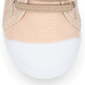 Cotton Canvas kids Sneaker shoes with toe cap and elastic laces in pastel colors.