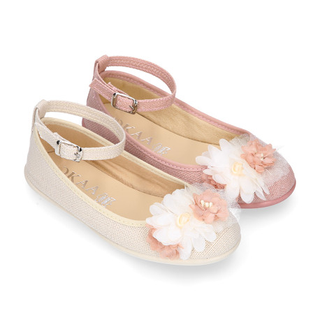 Ceremony Girl Mary Jane shoes Gilda style with flowers design in linen.