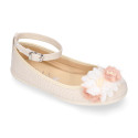 Ceremony Girl Mary Jane shoes Gilda style with flowers design in linen.