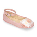 Ceremony Girl Mary Jane shoes Gilda style with flowers design in linen.