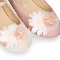 Ceremony Girl Mary Jane shoes Gilda style with flowers design in linen.