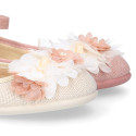 Ceremony Girl Mary Jane shoes Gilda style with flowers design in linen.