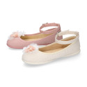 Ceremony Girl Mary Jane shoes Gilda style with flowers design in linen.