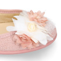 Ceremony Girl Mary Jane shoes Gilda style with flowers design in linen.