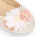 Ceremony Girl Mary Jane shoes Gilda style with flowers design in linen.