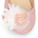 Ceremony Girl Mary Jane shoes Gilda style with flowers design in linen.