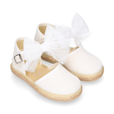 White linen canvas little girl espadrille shoes with Plumeti ribbon design.