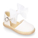 White linen canvas little girl espadrille shoes with Plumeti ribbon design.