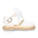 White linen canvas little girl espadrille shoes with Plumeti ribbon design.