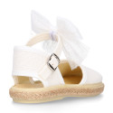 White linen canvas little girl espadrille shoes with Plumeti ribbon design.