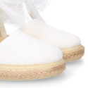 White linen canvas little girl espadrille shoes with Plumeti ribbon design.