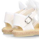 White linen canvas little girl espadrille shoes with Plumeti ribbon design.