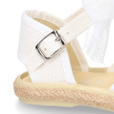 White linen canvas little girl espadrille shoes with Plumeti ribbon design.