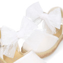 White linen canvas little girl espadrille shoes with Plumeti ribbon design.