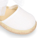 White linen canvas little girl espadrille shoes with Plumeti ribbon design.