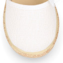 White linen canvas little girl espadrille shoes with Plumeti ribbon design.