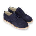 Navy blue Suede leather with linen canvas kids oxford shoes for ceremony.