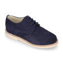 Navy blue Suede leather with linen canvas kids oxford shoes for ceremony.