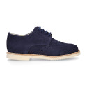 Navy blue Suede leather with linen canvas kids oxford shoes for ceremony.