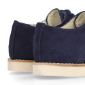 Navy blue Suede leather with linen canvas kids oxford shoes for ceremony.