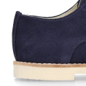 Navy blue Suede leather with linen canvas kids oxford shoes for ceremony.