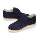 Navy blue Suede leather with linen canvas kids oxford shoes for ceremony.