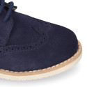 Navy blue Suede leather with linen canvas kids oxford shoes for ceremony.