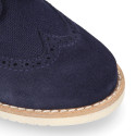 Navy blue Suede leather with linen canvas kids oxford shoes for ceremony.