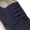 Navy blue Suede leather with linen canvas kids oxford shoes for ceremony.