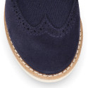 Navy blue Suede leather with linen canvas kids oxford shoes for ceremony.