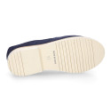 Navy blue Suede leather with linen canvas kids oxford shoes for ceremony.