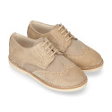 Suede leather with linen canvas kids oxford shoes for ceremony.