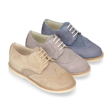 Suede leather with linen canvas kids oxford shoes for ceremony.