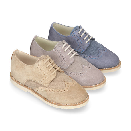 Suede leather with linen canvas kids oxford shoes for ceremony.