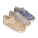 Suede leather with linen canvas kids oxford shoes for ceremony.