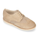 Suede leather with linen canvas kids oxford shoes for ceremony.