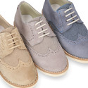 Suede leather with linen canvas kids oxford shoes for ceremony.